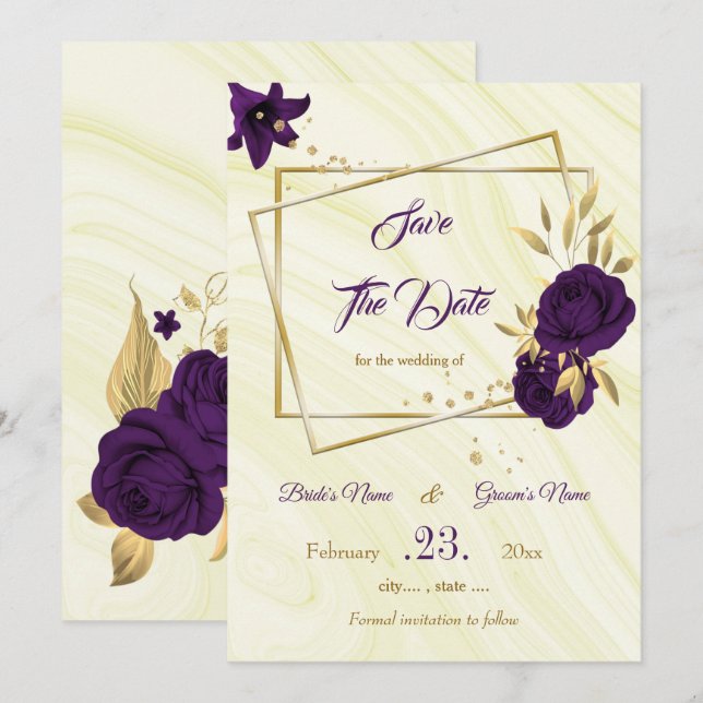 elegant royal purple gold floral save the date (Front/Back)