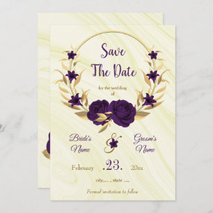 elegant royal purple gold floral wreath save the date