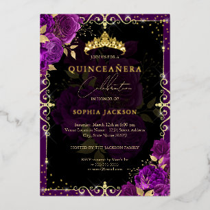 Elegant Royal Purple Gold Rose Quinceanera Foil Invitation