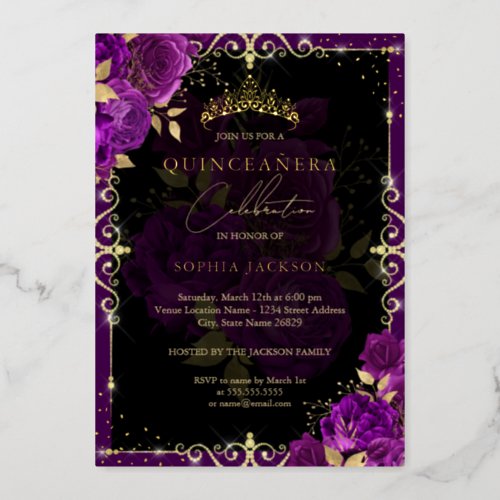 Elegant Royal Purple Gold Rose Quinceanera Foil Invitation