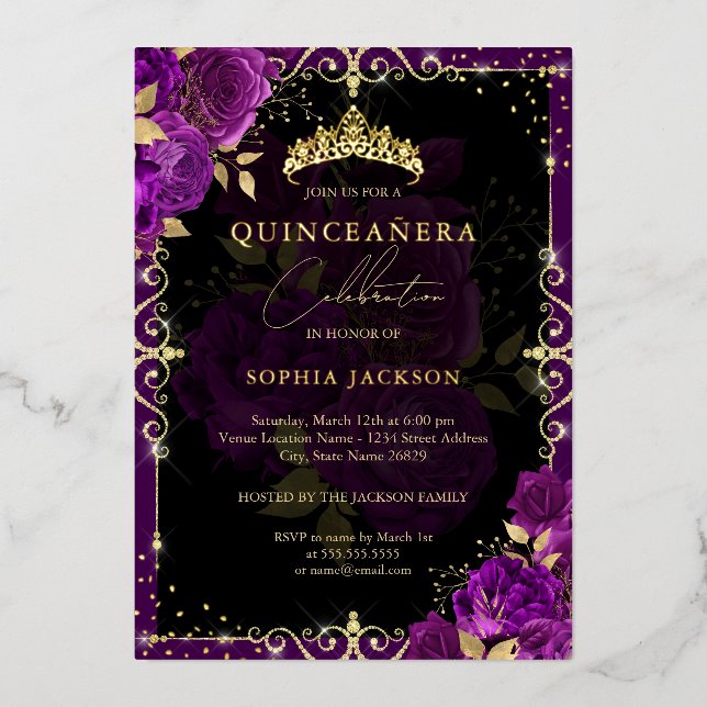 Elegant Royal Purple Gold Rose Quinceanera Foil Invitation (Front)