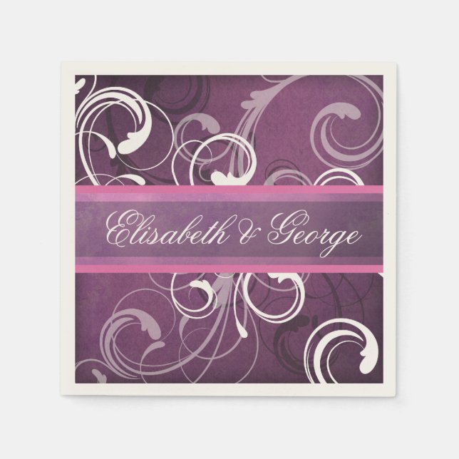 Elegant Royal Purple Grunge Damask Swirls Wedding Napkins (Front)