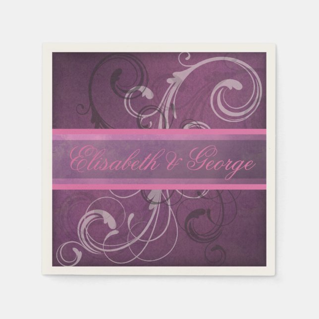 Elegant Royal Purple Grunge Damask Swirls Wedding Napkins (Front)