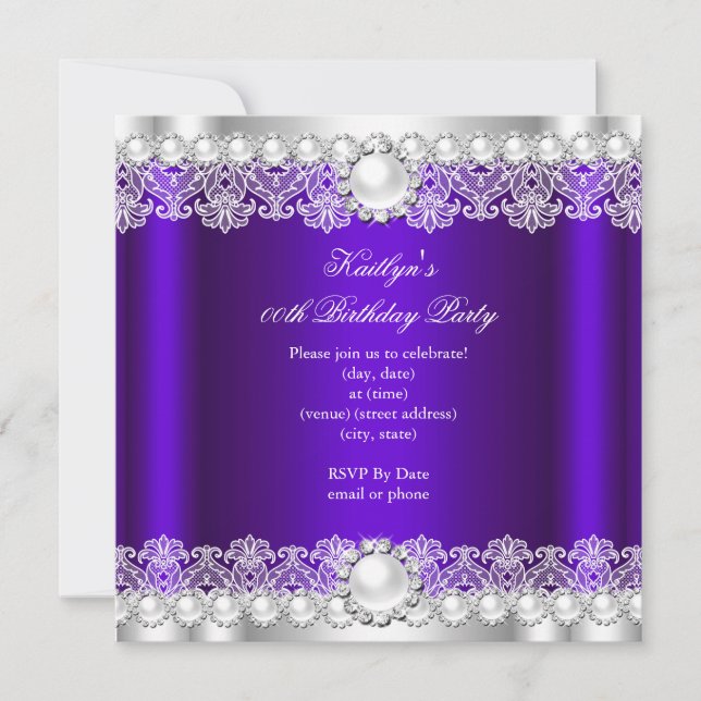 Elegant Royal Purple Lace Pearl Birthday Party Invitation (Front)