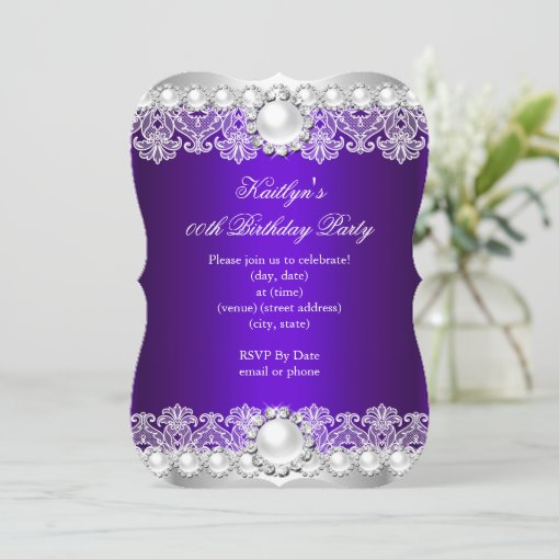 Elegant Royal Purple Lace Pearl Birthday Party Invitation | Zazzle