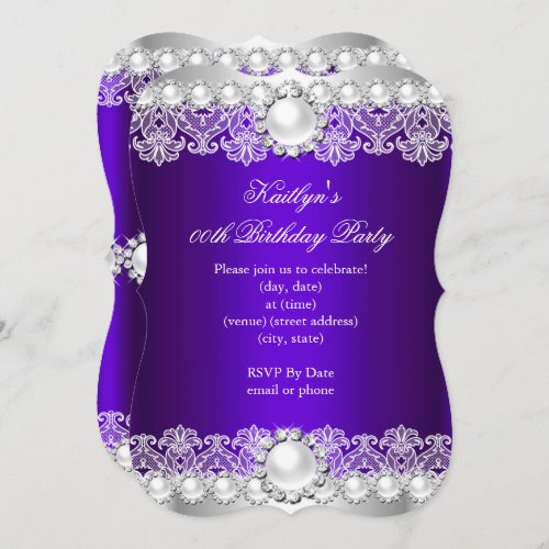 Elegant Royal Purple Lace Pearl Birthday Party Invitation