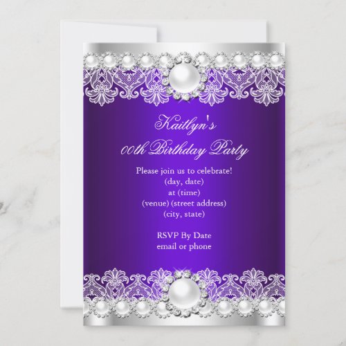 Elegant Royal Purple Lace Pearl Birthday Party Invitation