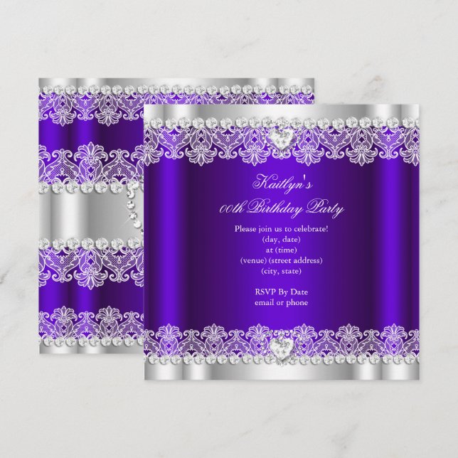 Elegant Royal Purple Lace Silk Birthday Party Invitation (Front/Back)