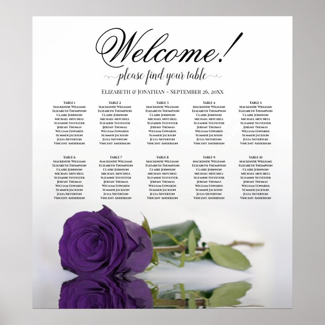 Elegant Royal Purple Rose 10 Table Seating Chart (Front)