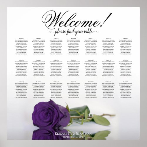 Elegant Royal purple Rose 21 Table Seating Chart