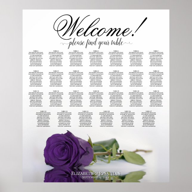 Elegant Royal Purple Rose 27 Table Seating Chart (Front)
