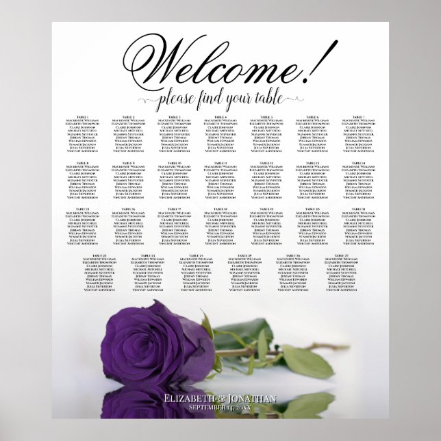 Elegant Royal Purple Rose 27 Table Seating Chart (Front)