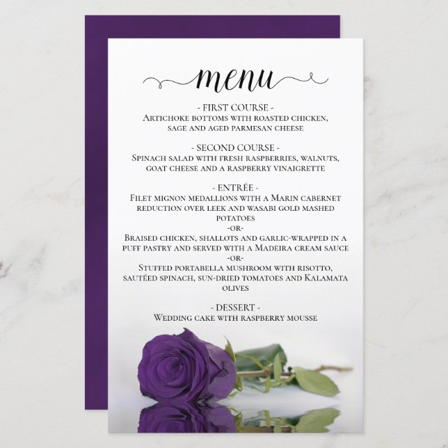 Elegant Royal Purple Rose Budget Wedding Menu (Front/Back)