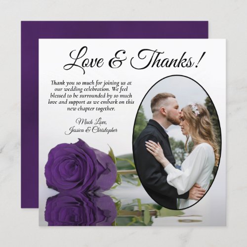 Elegant Royal Purple Rose Oval Photo Wedding Thank You Card