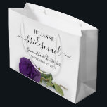 Elegant Royal Purple Rose Posh Bridesmaid Wedding Large Gift Bag<br><div class="desc">These beautiful gift bags are designed as a wedding gift or favor bag for your Bridesmaids. They feature a simple yet stunning design with a long stemmed deep royal purple colored rose lying on its side. The title "Bridesmaid" written in fancy script letters with swashes on the ends. There is...</div>