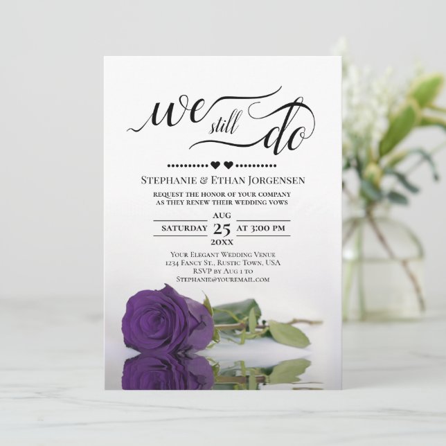 Elegant Royal Purple Rose We Still Do Vow Renewal Invitation (Standing Front)