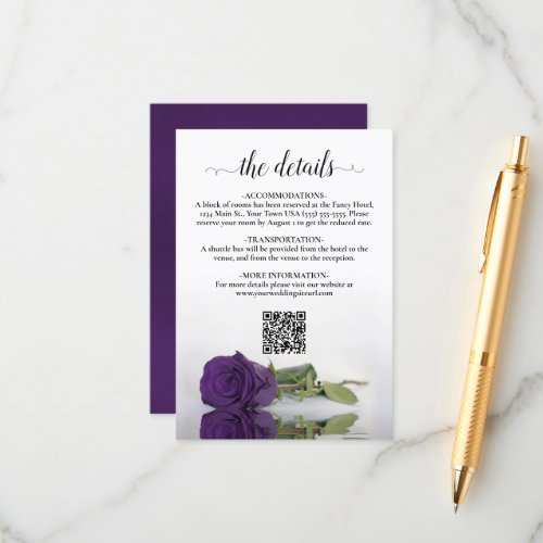 Elegant Royal Purple Rose Wedding Details QR Code Enclosure Card