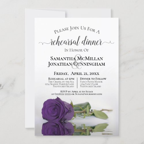 Elegant Royal Purple Rose Wedding Rehearsal Invitation