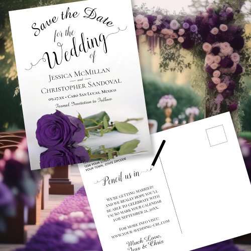 Elegant Royal Purple Rose Wedding Save the Date Announcement Postcard