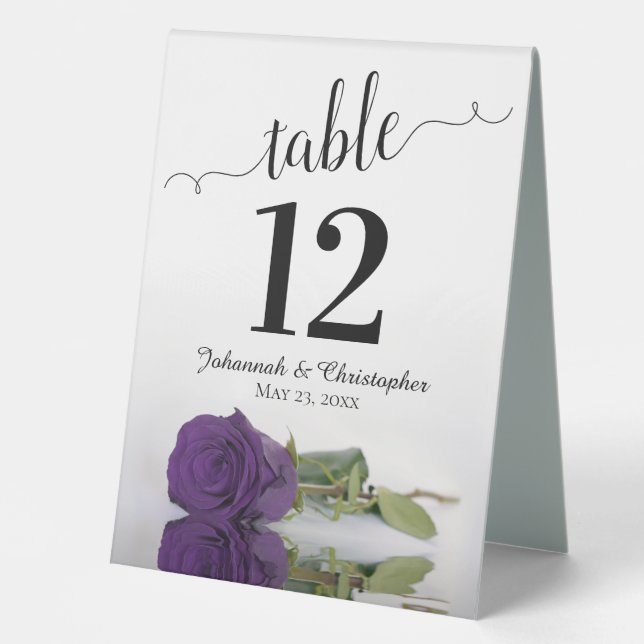 Elegant Royal Purple Rose Wedding Table Number Table Tent (Front)