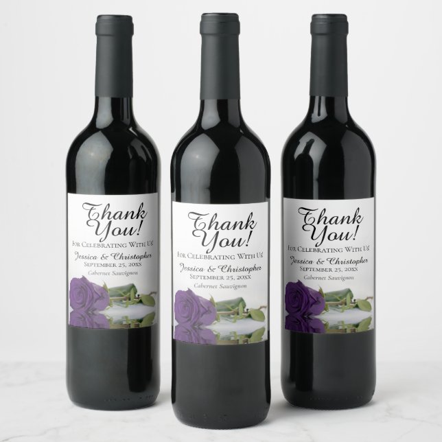 Elegant Royal Purple Rose Wedding Thank You Wine Label (Bottles)