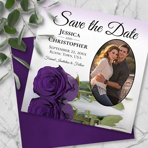 Elegant Royal Purple Rose with Oval Photo Wedding Save The Date