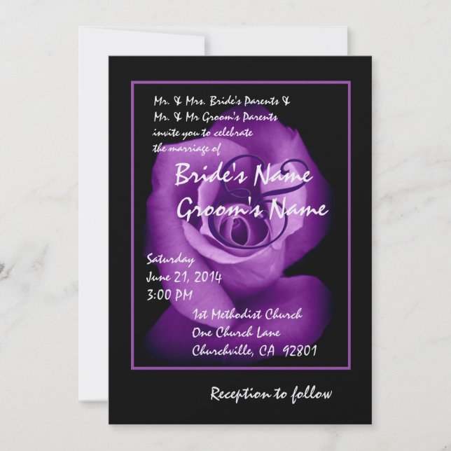 Elegant ROYAL PURPLE Rosebud Wedding Invitation (Front)