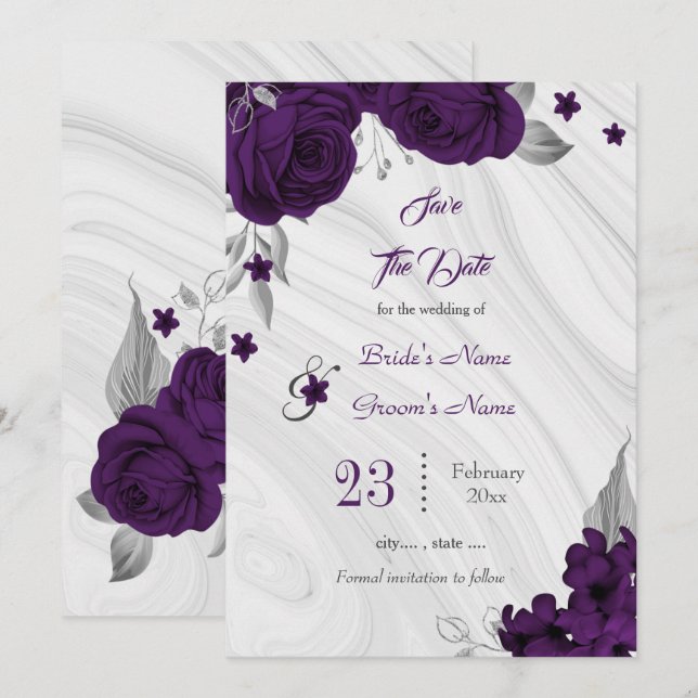 elegant royal purple silver gray floral leaves save the date (Front/Back)
