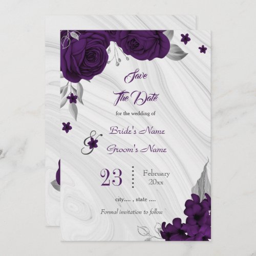 elegant royal purple silver gray floral leaves save the date