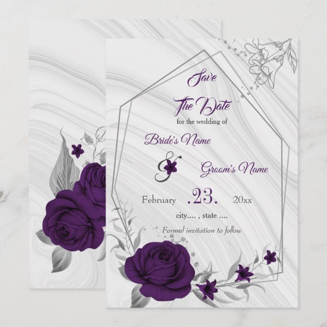 elegant royal purple silver gray floral save the date (Front/Back)