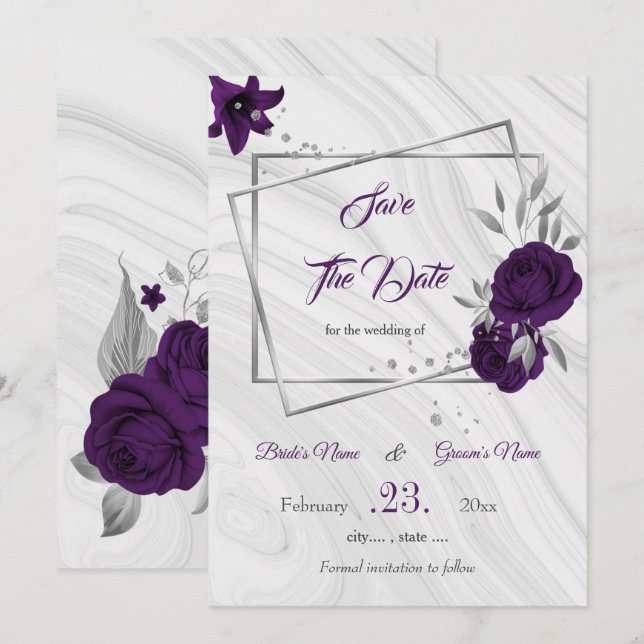 elegant royal purple silver gray floral save the date (Front/Back)