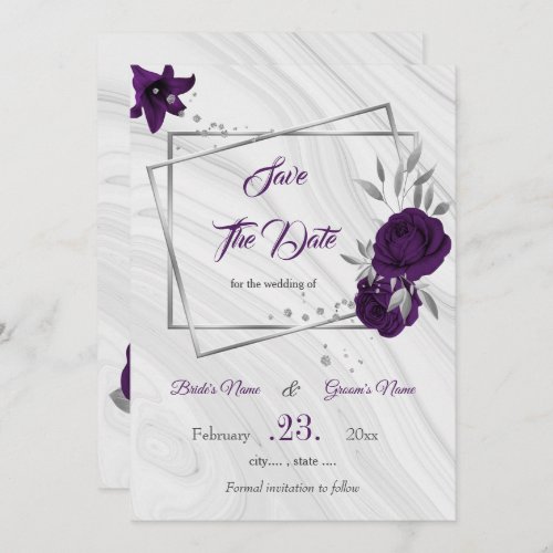 elegant royal purple silver gray floral save the date