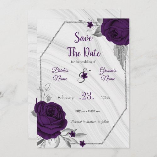 elegant royal purple silver gray floral save the date