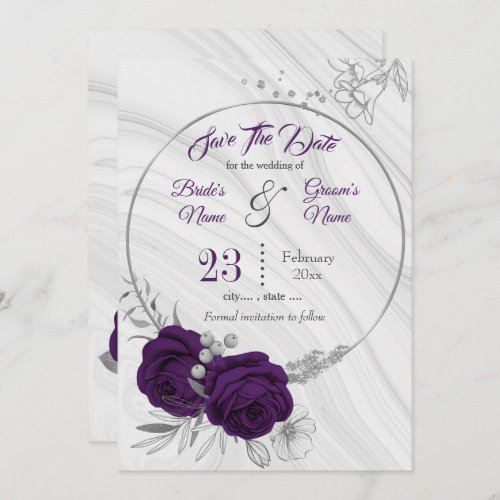 elegant royal purple silver gray floral save the date