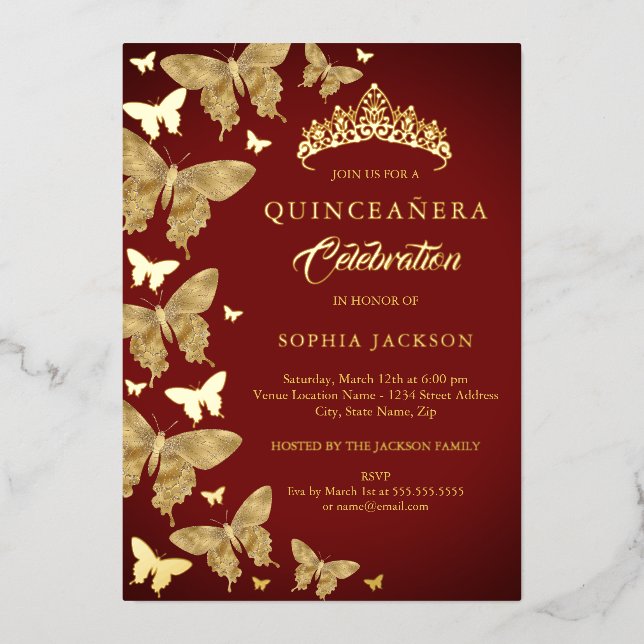 Elegant Royal Red Gold Butterfly Quinceanera Foil Invitation (Front)