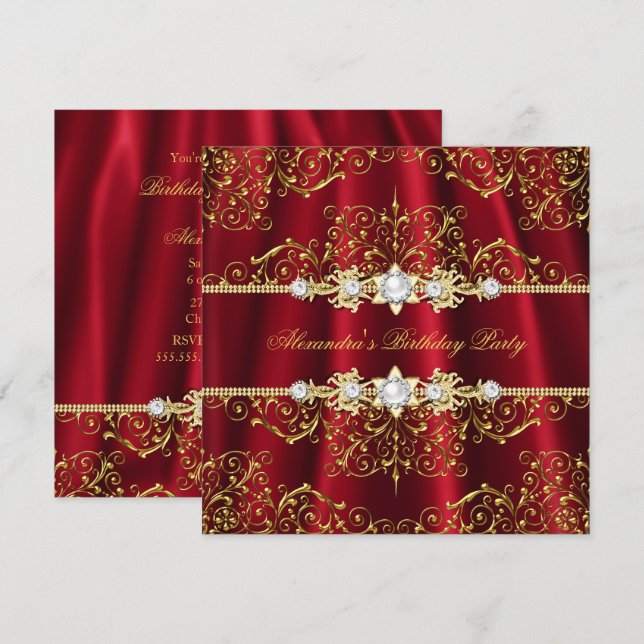 Elegant Royal Red & Gold Damask Birthday Party Invitation (Front/Back)