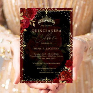 Elegant Royal Red Gold Rose Quinceanera Foil Invitation