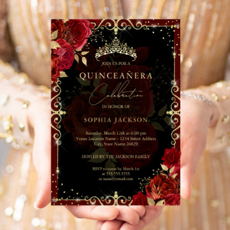 Elegant Royal Red Gold Rose Quinceanera Foil Invitation