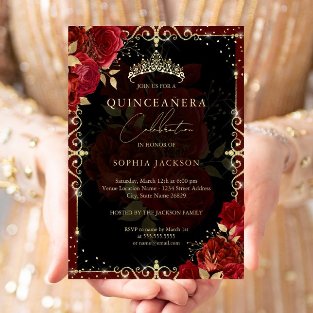 Elegant Royal Red Gold Rose Quinceanera Foil Invitation (Creator Uploaded)