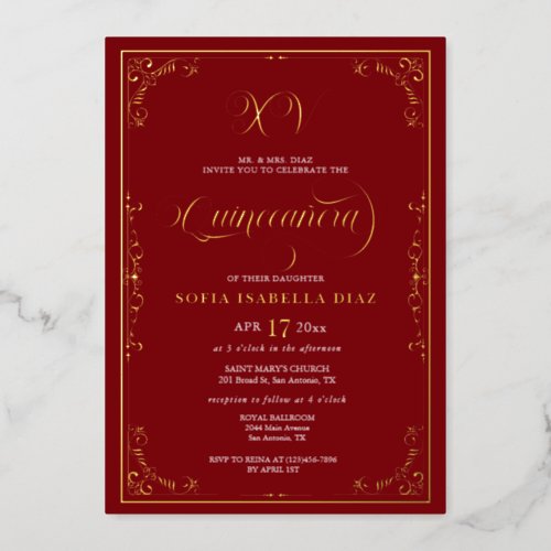 Elegant Royal Red Quinceaera Gold Foil  Foil Invitation
