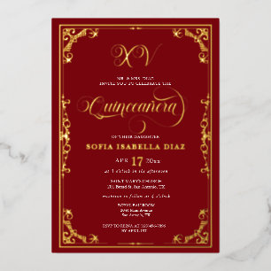 Elegant Royal Red Quinceañera Gold Foil Invitation