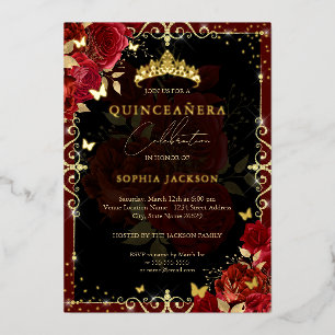 Elegant Royal Red Rose Gold Butterfly Quinceanera Foil Invitation