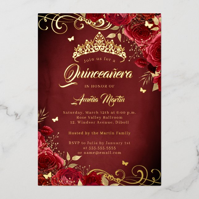 Elegant Royal Red Rose Gold Swirl Quinceanera   Foil Invitation (Front)