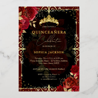 Elegant Royal Red Sparkle Gold Rose Quinceanera Foil Invitation