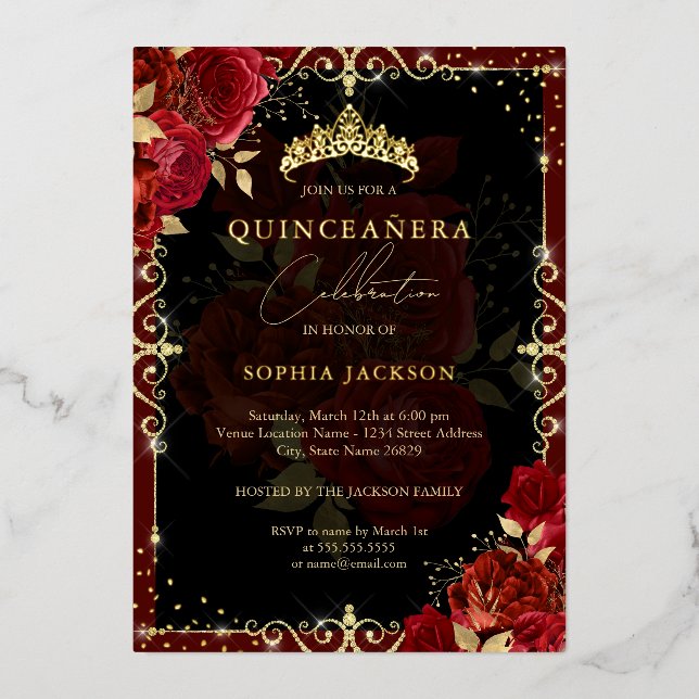 Elegant Royal Red Sparkle Gold Rose Quinceanera Foil Invitation (Front)