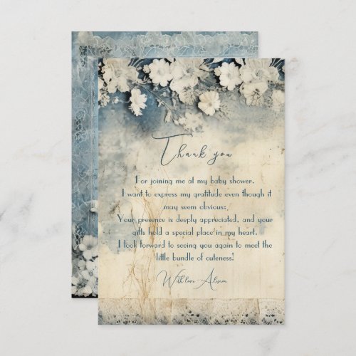 Elegant Royal Rustic Blue Floral Lace Baby Shower Thank You Card
