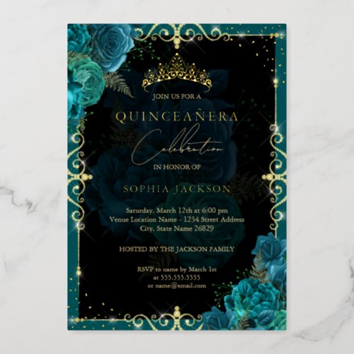 Elegant Royal Teal Gold Rose Quinceanera Foil Invitation