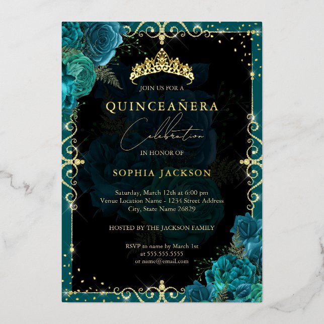 Elegant Royal Teal Gold Rose Quinceanera Foil Invitation (Front)