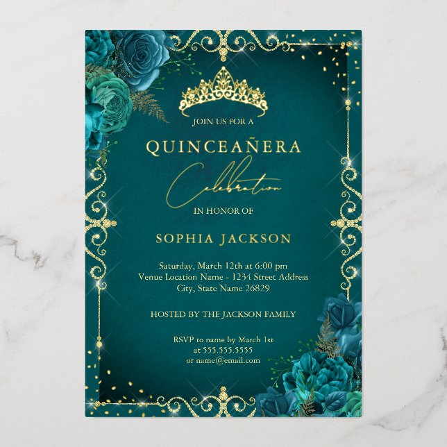 Elegant Royal Teal Rose Quinceanera Foil Invitation (Front)