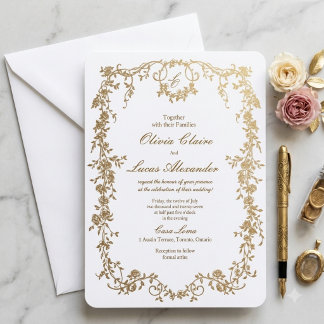Elegant Royal White and Gold Floral Wedding Invitation